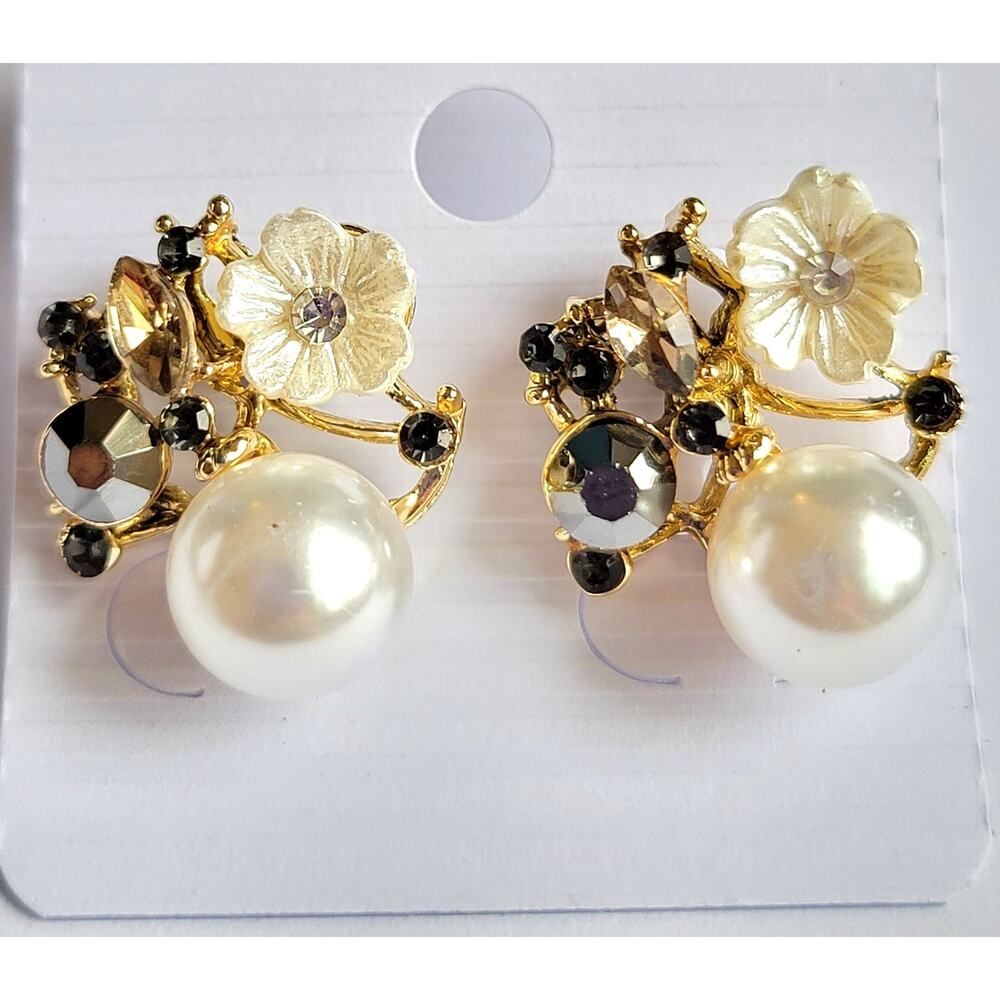 Pearl Flower Stud Earrings Crystal Brown Rhinestone Women Jewelry w/ Gift Bag
